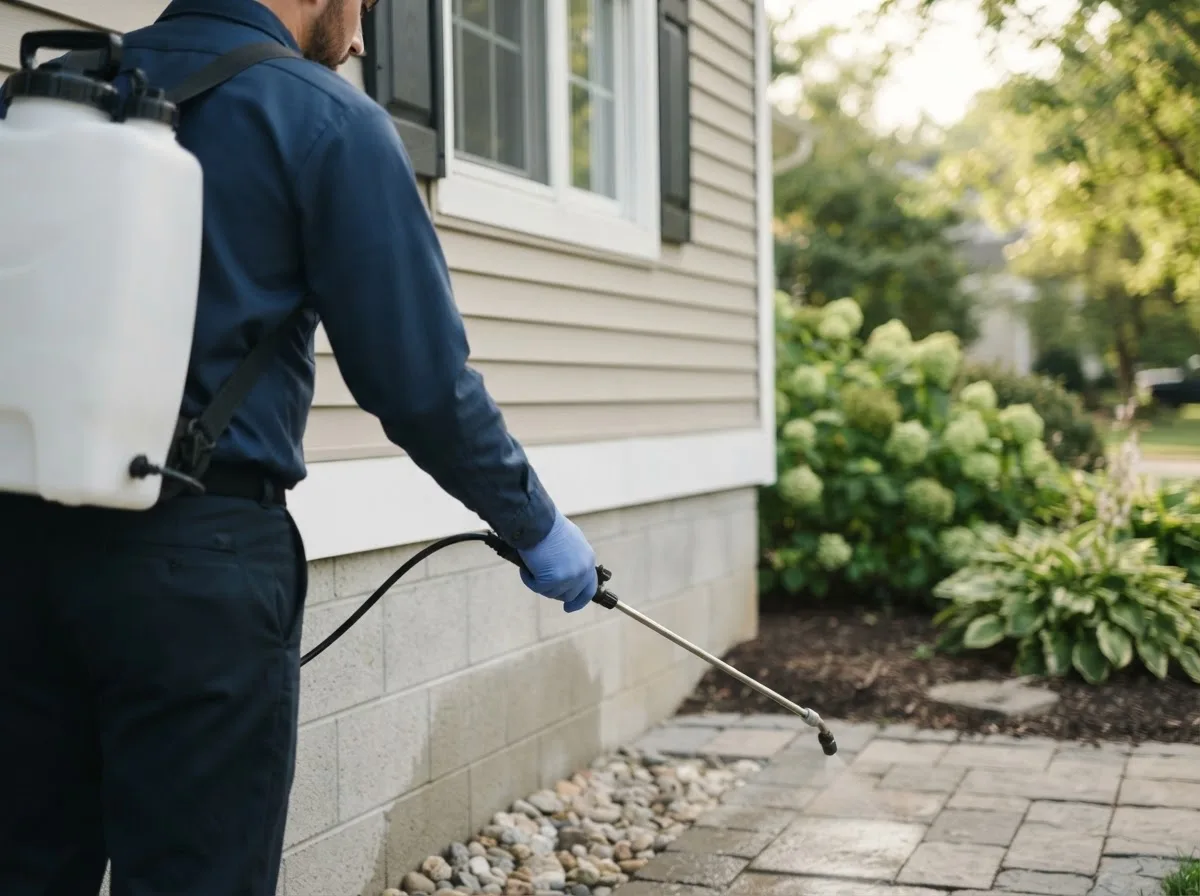 Pest control technician inspecting a home in Shawmut, ME